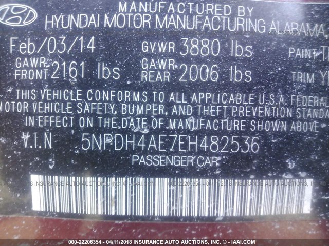 5NPDH4AE7EH482536 - 2014 HYUNDAI ELANTRA SE/SPORT/LIMITED RED photo 9