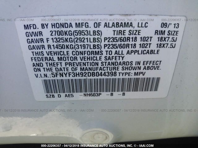 5FNYF3H92DB044398 - 2013 HONDA PILOT TOURING WHITE photo 9