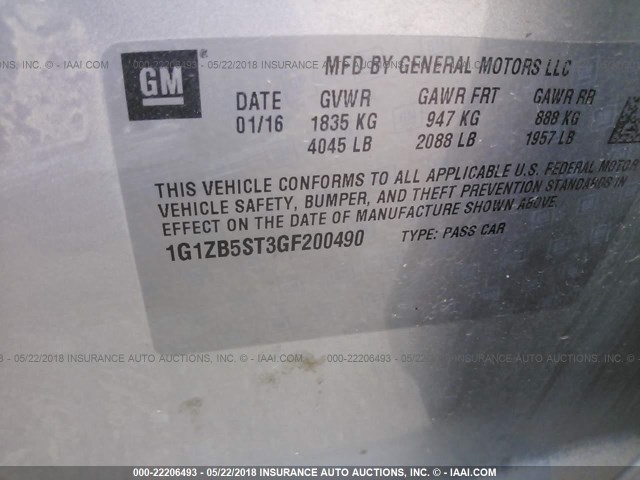 1G1ZB5ST3GF200490 - 2016 CHEVROLET MALIBU LS 银色 照片 9