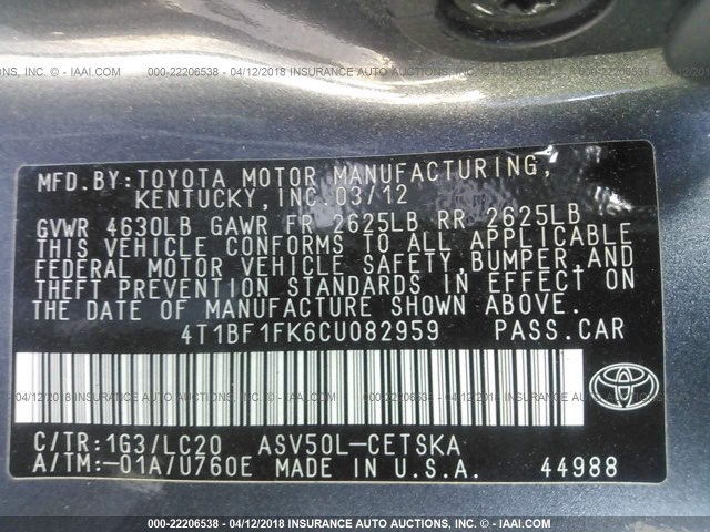 4T1BF1FK6CU082959 - 2012 TOYOTA CAMRY SE/LE/XLE GRAY photo 9
