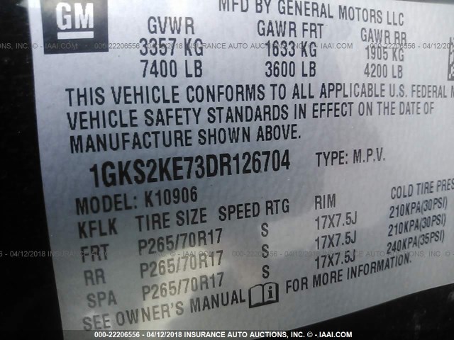 1GKS2KE73DR126704 - 2013 GMC YUKON XL K1500 SLT BLACK photo 9