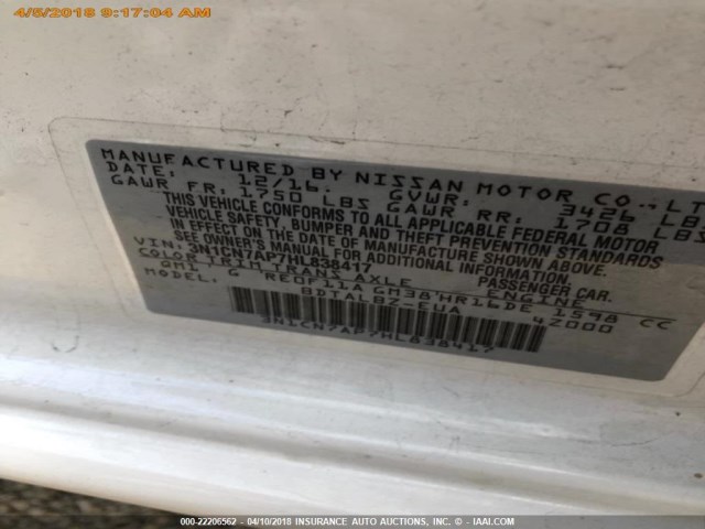 3N1CN7AP7HL838417 - 2017 NISSAN VERSA S/S PLUS/SV/SL WHITE photo 3