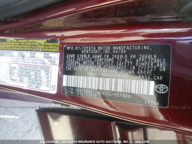 4T1BE32K64U346395 - 2004 TOYOTA CAMRY LE/XLE/SE MAROON photo 9