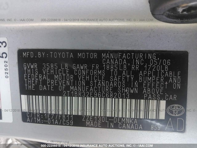 2T1BR32E96C682013 - 2006 TOYOTA COROLLA CE/LE/S SILVER photo 9