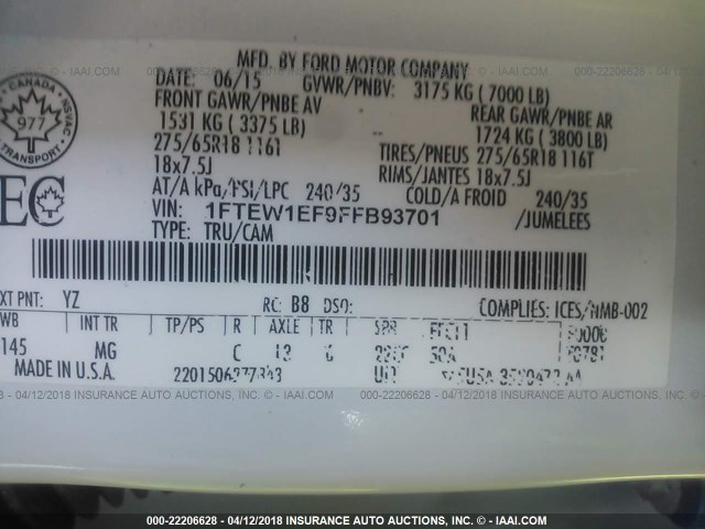 1FTEW1EF9FFB93701 - 2015 FORD F150 SUPERCREW თეთრი ფოტო 9