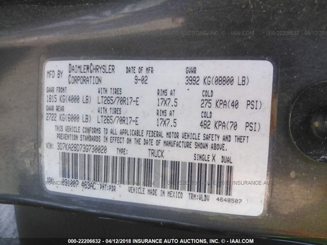 3D7KA28D73G730020 - 2003 DODGE RAM 2500 ST/SLT 灰色 照片 9