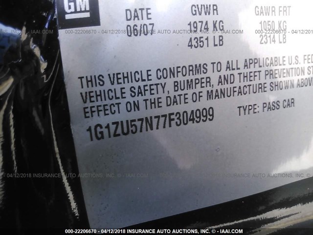 1G1ZU57N77F304999 - 2007 CHEVROLET MALIBU LTZ 黑色 照片 9