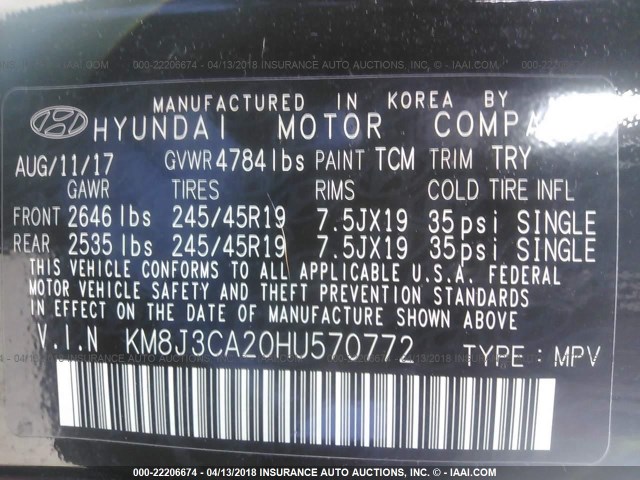 KM8J3CA20HU570772 - 2017 HYUNDAI TUCSON LIMITED/SPORT AND ECO/SE BLACK photo 9