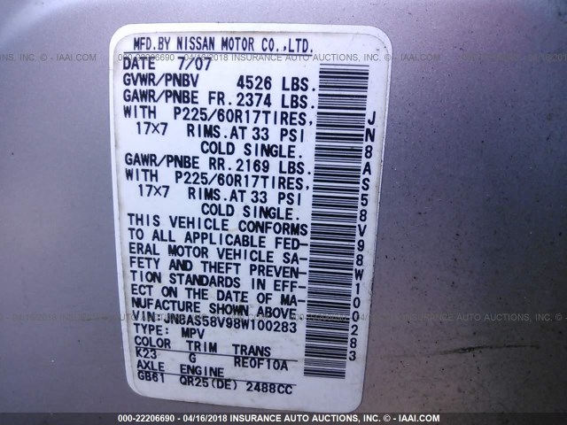 JN8AS58V98W100283 - 2008 NISSAN ROGUE S/SL SILVER photo 9