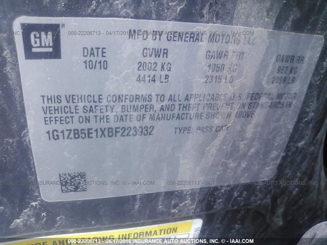 1G1ZB5E1XBF223932 - 2011 CHEVROLET MALIBU LS 灰色 照片 9