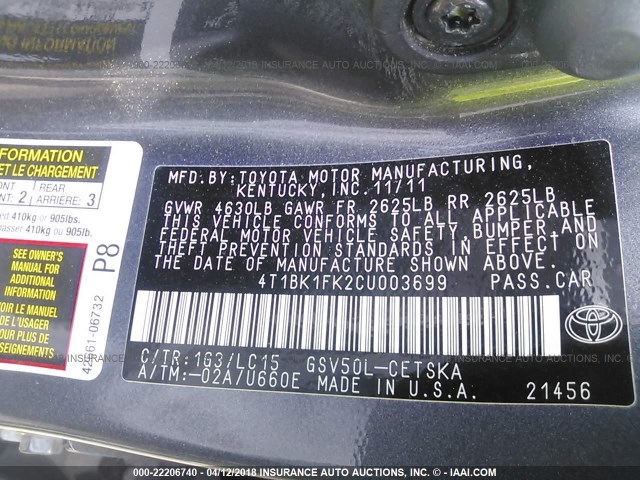 4T1BK1FK2CU003699 - 2012 TOYOTA CAMRY SE/XLE GRAY photo 9