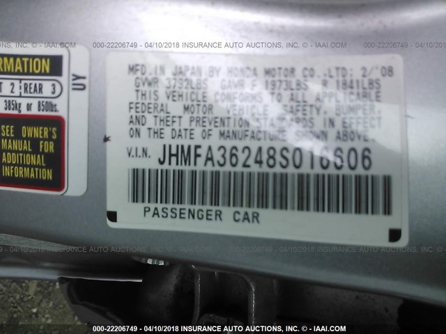 JHMFA36248S016606 - 2008 HONDA CIVIC HYBRID SILVER photo 9