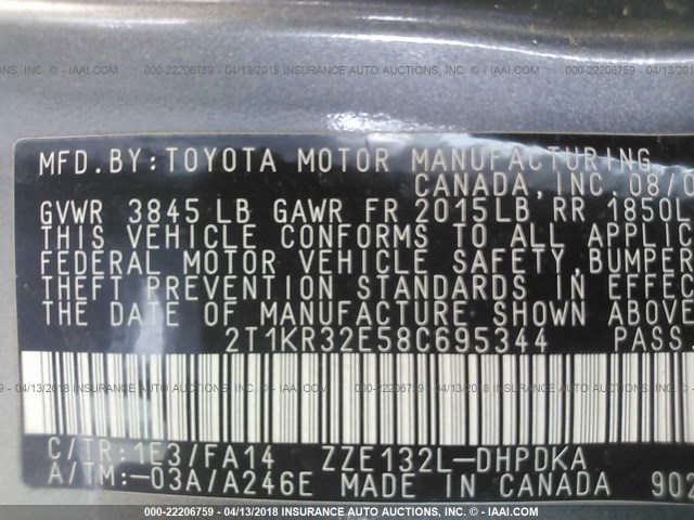 2T1KR32E58C695344 - 2008 TOYOTA COROLLA MATRIX XR GRAY photo 9