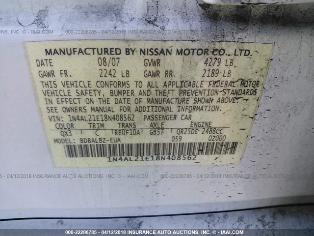 1N4AL21E18N408562 - 2008 NISSAN ALTIMA 2.5/2.5S WHITE photo 9