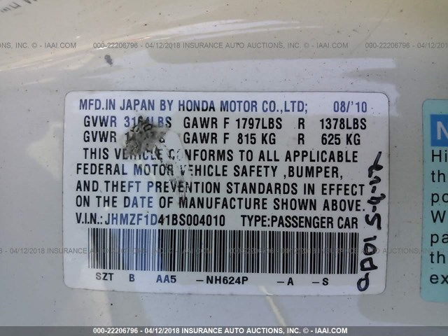 JHMZF1D41BS004010 - 2011 HONDA CR-Z WHITE photo 9