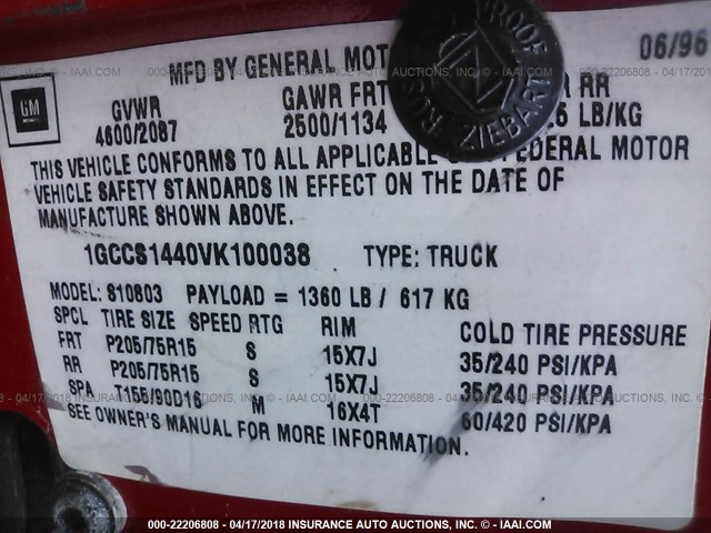 1GCCS1440VK100038 - 1997 CHEVROLET S TRUCK S10 RED photo 9