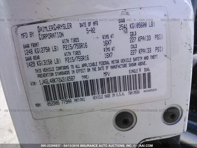 1J4GL48K72W316587 - 2002 JEEP LIBERTY SPORT 白色 照片 9