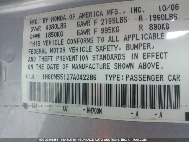 1HGCM55127A042286 - 2007 HONDA ACCORD VALUE SILVER photo 9