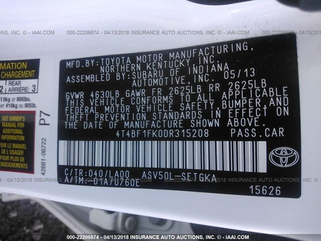 4T4BF1FK0DR315208 - 2013 TOYOTA CAMRY L/SE/LE/XLE 白色 照片 9
