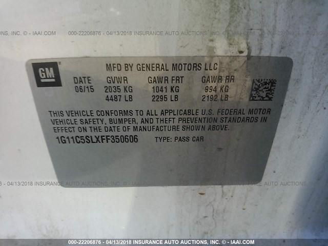 1G11C5SLXFF350606 - 2015 CHEVROLET MALIBU 1LT WHITE photo 9