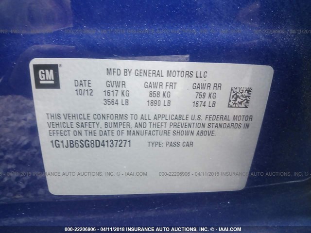 1G1JB6SG8D4137271 - 2013 CHEVROLET SONIC LS ლურჯი ფოტო 9