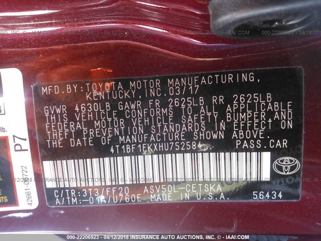 4T1BF1FKXHU752584 - 2017 TOYOTA CAMRY LE/XLE/SE/XSE RED photo 9