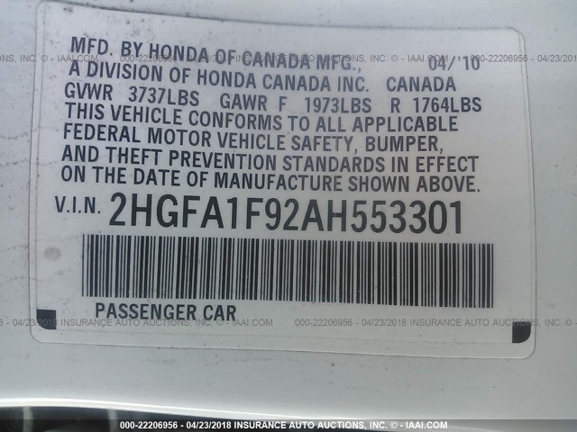 2HGFA1F92AH553301 - 2010 HONDA CIVIC EXL WHITE photo 9