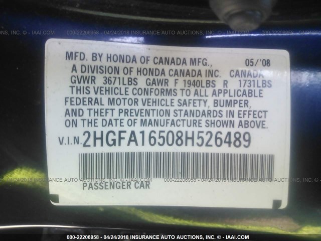 2HGFA16508H526489 - 2008 HONDA CIVIC LX BLUE photo 9