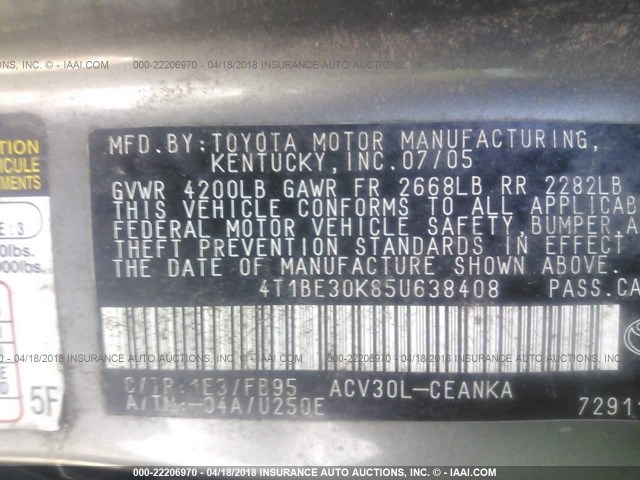 4T1BE30K85U638408 - 2005 TOYOTA CAMRY LE/XLE/SE ნაცრისფერი ფოტო 9