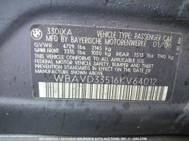 WBAVD33516KV64012 - 2006 BMW 330 XI GRAY photo 9