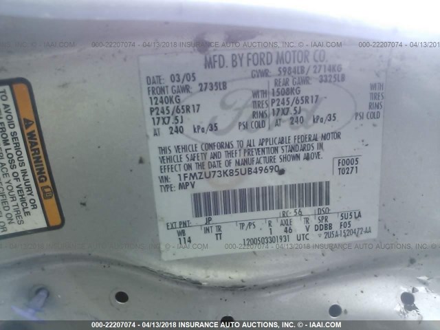 1FMZU73K85UB49690 - 2005 FORD EXPLORER XLT/XLT SPORT/NBX 银色 照片 9