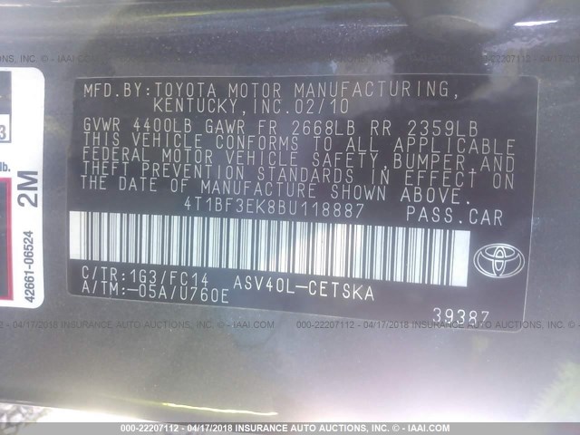 4T1BF3EK8BU118887 - 2011 TOYOTA CAMRY SE/LE/XLE GRAY photo 9