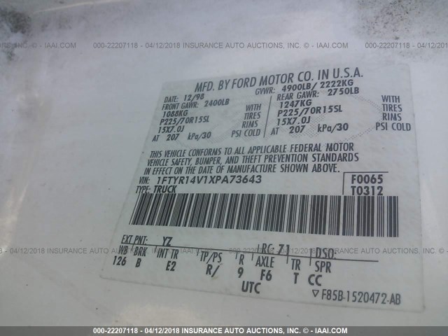 1FTYR14V1XPA73643 - 1999 FORD RANGER SUPER CAB WHITE photo 9