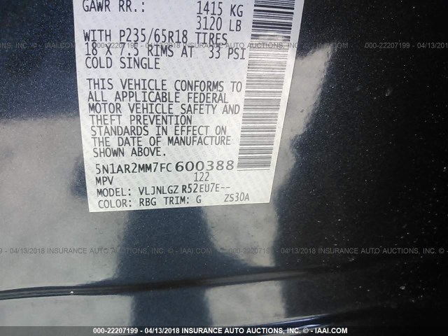 5N1AR2MM7FC600388 - 2015 NISSAN PATHFINDER S/SV/SL/PLATINUM 蓝色 照片 9