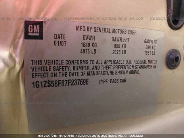 1G1ZS58F87F237696 - 2007 CHEVROLET MALIBU LS GOLD photo 9