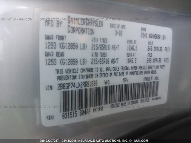 2B8GP74LX2R691680 - 2002 DODGE GRAND CARAVAN EX SILVER photo 9