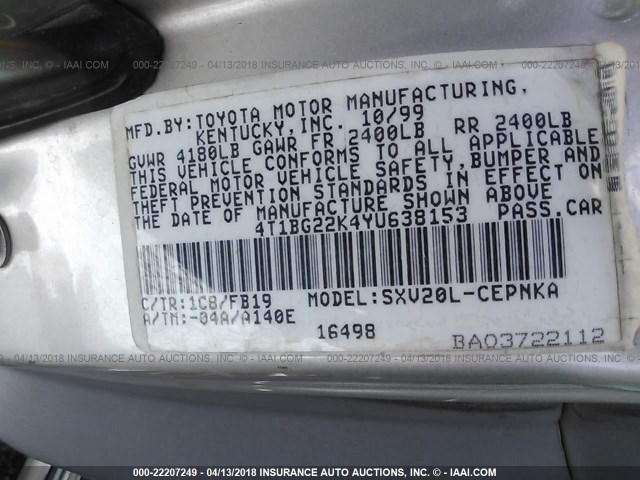 4T1BG22K4YU638153 - 2000 TOYOTA CAMRY CE/LE/XLE 灰色 照片 9