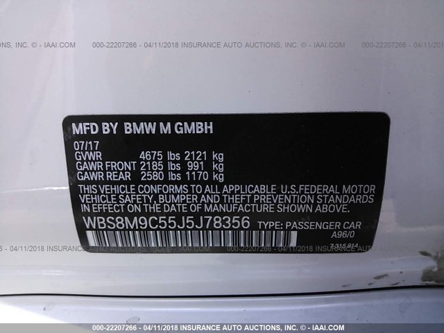WBS8M9C55J5J78356 - 2018 BMW M3 WHITE photo 9
