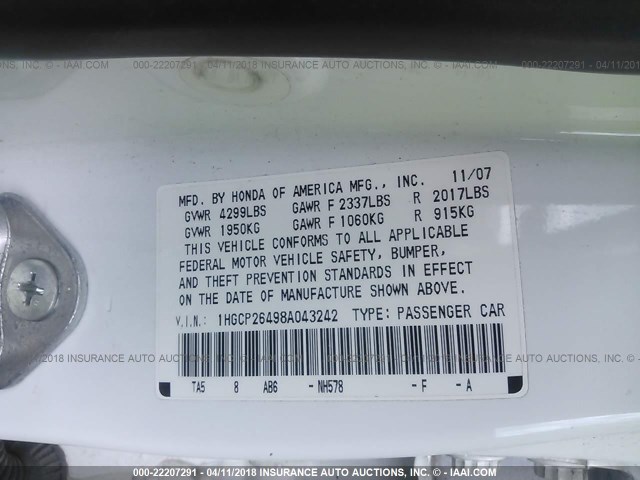 1HGCP26498A043242 - 2008 HONDA ACCORD LXP WHITE photo 9