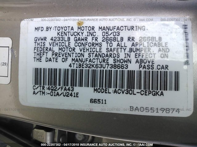 4T1BE32K63U738663 - 2003 TOYOTA CAMRY LE/XLE/SE ოქროსფერი ფოტო 9