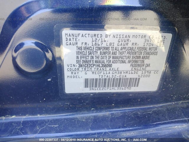 3N1CE2CP1HL356090 - 2017 NISSAN VERSA NOTE S/S PLUS/SV/SL/SR Dark Blue photo 9