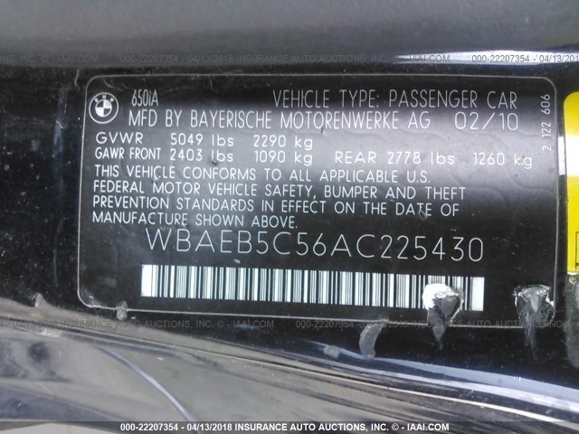 WBAEB5C56AC225430 - 2010 BMW 650 I შავი ფოტო 9