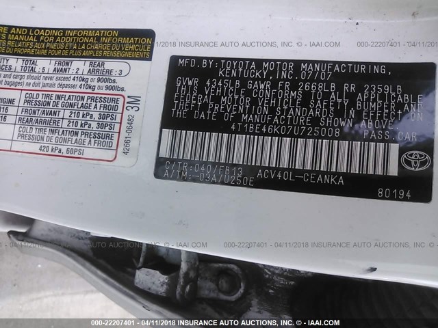 4T1BE46K07U725008 - 2007 TOYOTA CAMRY NEW GENERAT CE/LE/XLE/SE WHITE photo 9