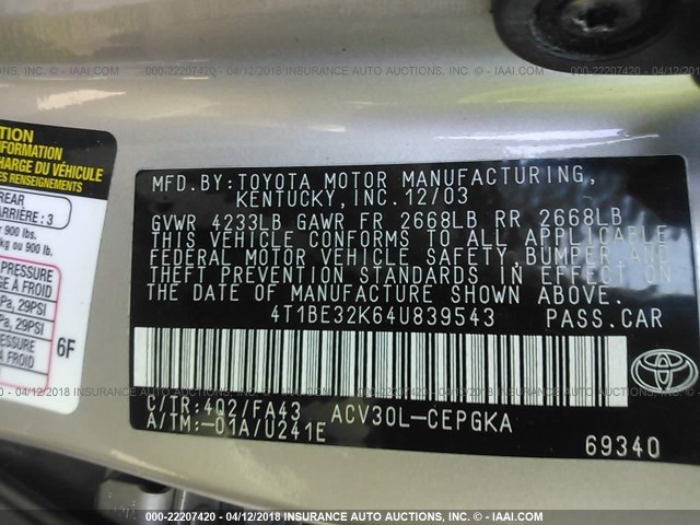 4T1BE32K64U839543 - 2004 TOYOTA CAMRY LE/XLE/SE ოქროსფერი ფოტო 9