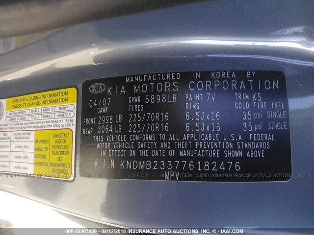 KNDMB233776182476 - 2007 KIA SEDONA EX/LX Light Blue photo 9