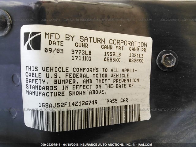 1G8AJ52F14Z126749 - 2004 SATURN ION LEVEL 2 GOLD photo 9