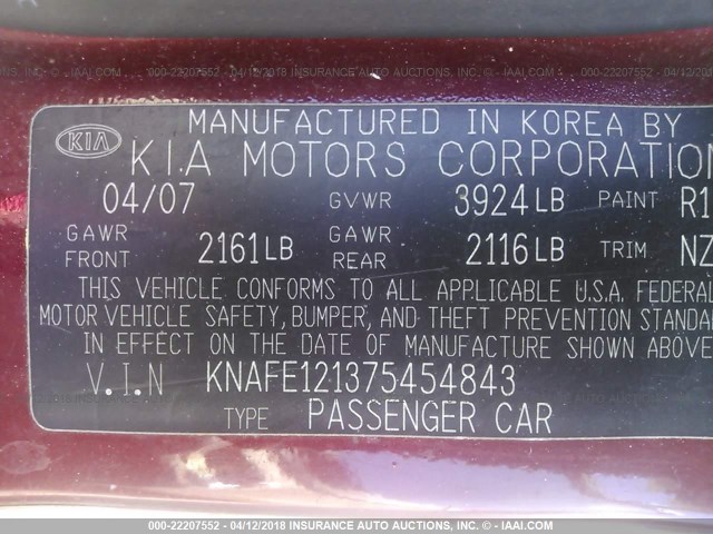 KNAFE121375454843 - 2007 KIA SPECTRA EX/LX BURGUNDY photo 9