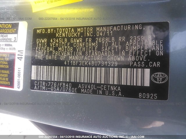 4T1BF3EK4BU731329 - 2011 TOYOTA CAMRY SE/LE/XLE TURQUOISE photo 9