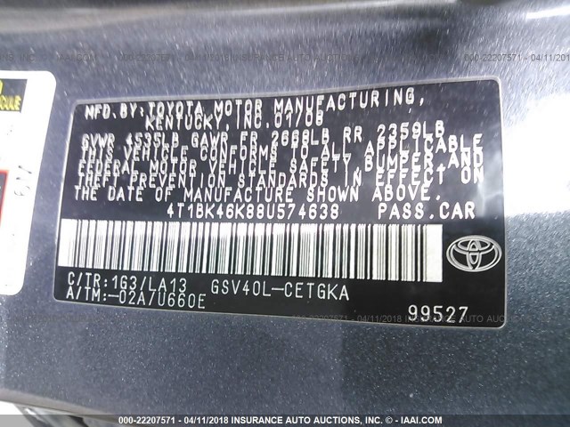 4T1BK46K88U574638 - 2008 TOYOTA CAMRY LE/XLE/SE 灰色 照片 9