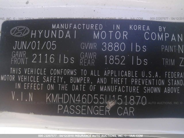 KMHDN46D55U151870 - 2005 HYUNDAI ELANTRA GLS/GT WHITE photo 9